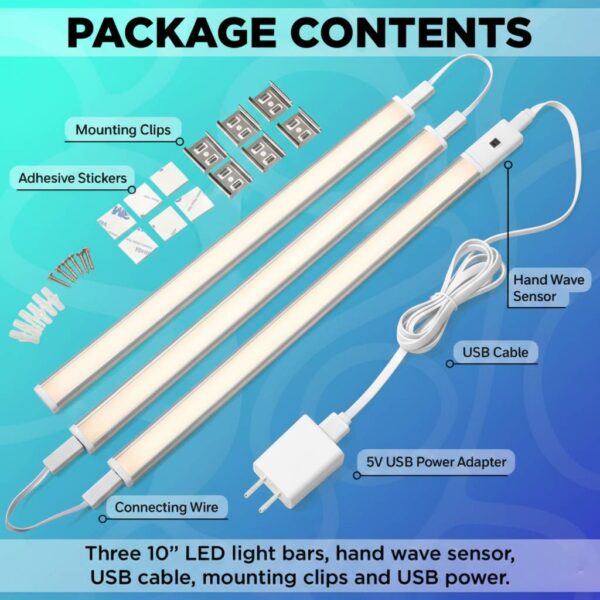 3 Pack 10" Under Cabinet Light with 5 Foot USB Cord and AC Wall Adapter